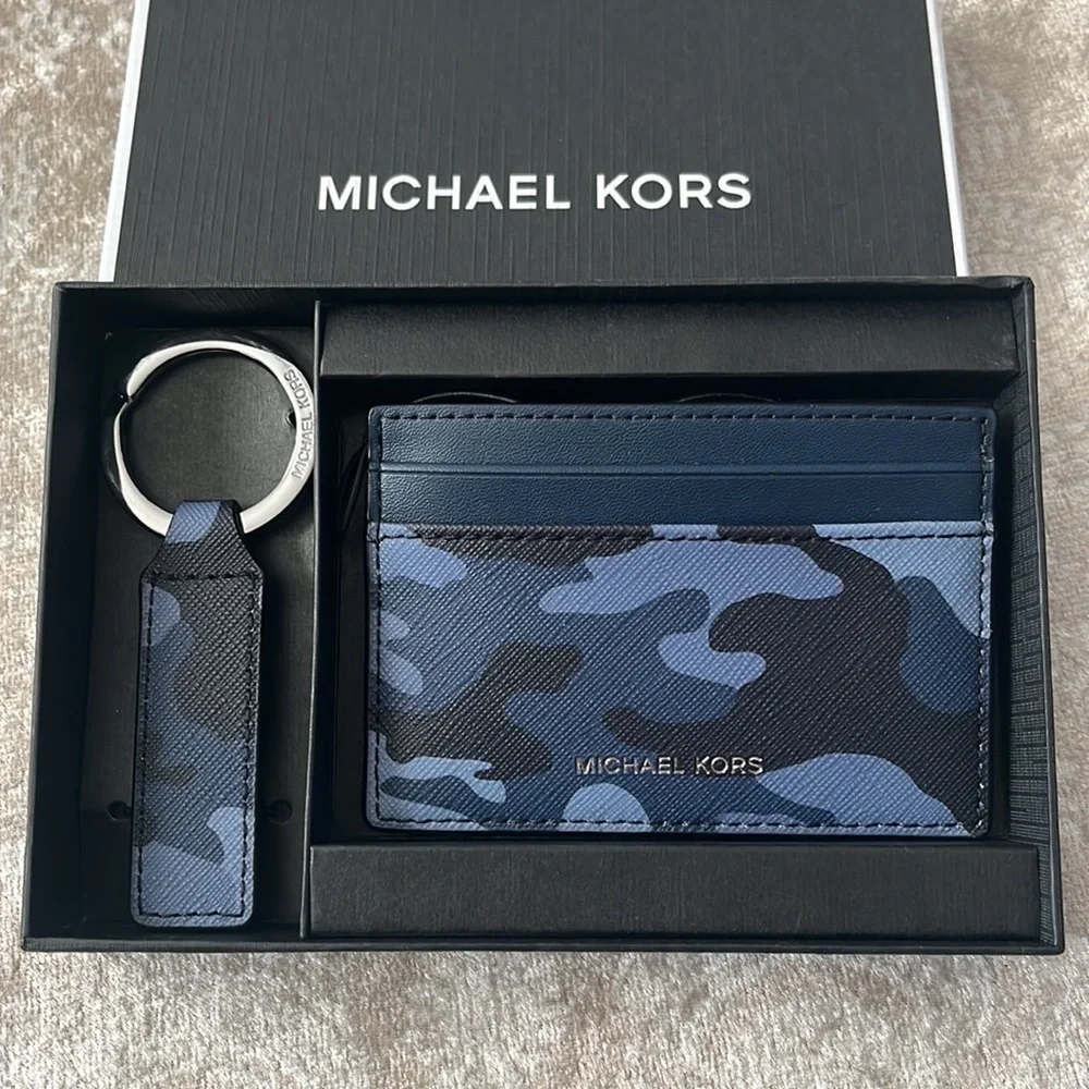 Brand New Michael Kors Admiral Blue Camo Card Holder Case & Key Fob Ring Set